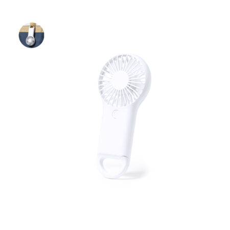 Ventilateur en ABS blanc avec mousqueton intégré 2 vitesses. Fonctionne avec 3 piles non incluses