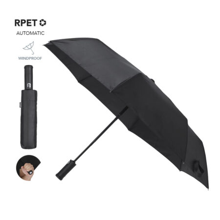 Parapluie en RPET. Avec une poignée lanterne pratique tournant à 180º en caoutchouc soft touch et bouton ON/OFF. Diamètre de 105 cm, en matériau pongé RPET 190T. 