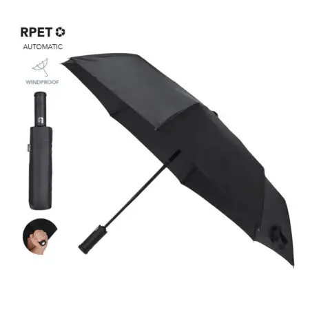 Parapluie en RPET. Avec une poignée lanterne pratique tournant à 180º en caoutchouc soft touch et bouton ON/OFF. Diamètre de 105 cm, en matériau pongé RPET 190T. 