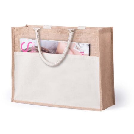 Sac en toile de jute avec poche frontale en coton. Anses courtes renforcées en coton blanc. Avec soufflet, finition cousue. Résistance jusqu´à 10 kg.