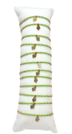 Bracelet acier inox gold avec perles vertes & breloques cœur x12