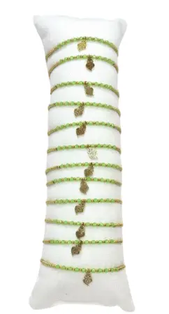 Bracelet acier inox gold avec perles vertes & breloques cœur x12