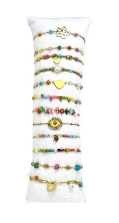 Bracelet acier inox gold avec perles colorées & breloques. Modèles assorties x12