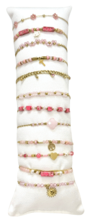 Bracelet acier inox gold avec perles fushia & petites breloques. Modèles assorties x12