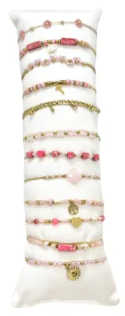 Bracelet acier inox gold avec perles fushia & petites breloques. Modèles assorties x12