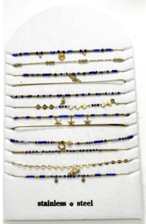 Bracelet acier inox gold avec perles bleues - maille plate & breloques. Modèles assorties x12