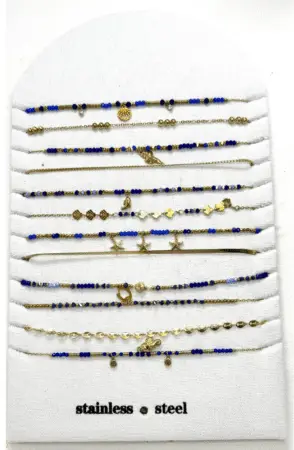Bracelet acier inox gold avec perles bleues - maille plate & breloques. Modèles assorties x12