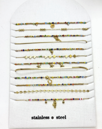 Bracelet acier inox gold avec perles colorée - maille plate & breloques. Modèles assorties x12