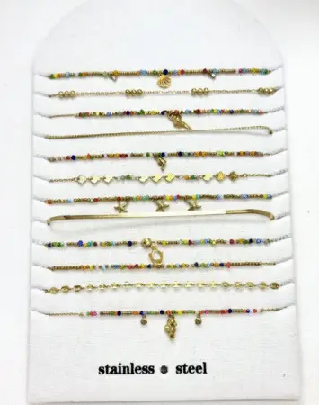 Bracelet acier inox gold avec perles colorée - maille plate & breloques. Modèles assorties x12