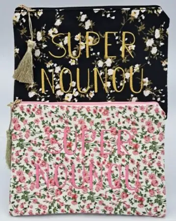 Pochette cosmétique en tissu " Super nounou" coloris assortis