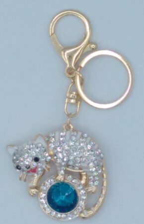 Porte-clés chat gold perle bleue et strass