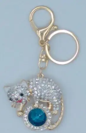 Porte-clés chat gold perle bleue et strass