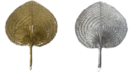 Eventail paille assortis grand modèle 24X23 cm. Couleurs or/argent assorties