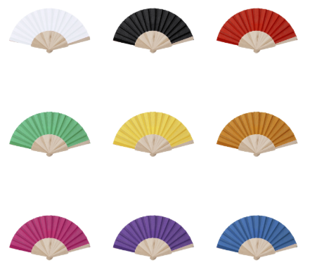 Éventail tissu en polyester 190T. Tiges en bois résistant.