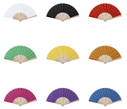 Éventail tissu en polyester 190T. Tiges en bois résistant.